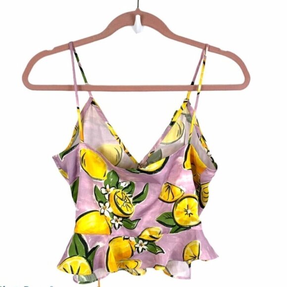 Zara Cropped Wrap Top S Lemon Print Ruffle Summer Blogger Fav Travel Vacation - Picture 11 of 15